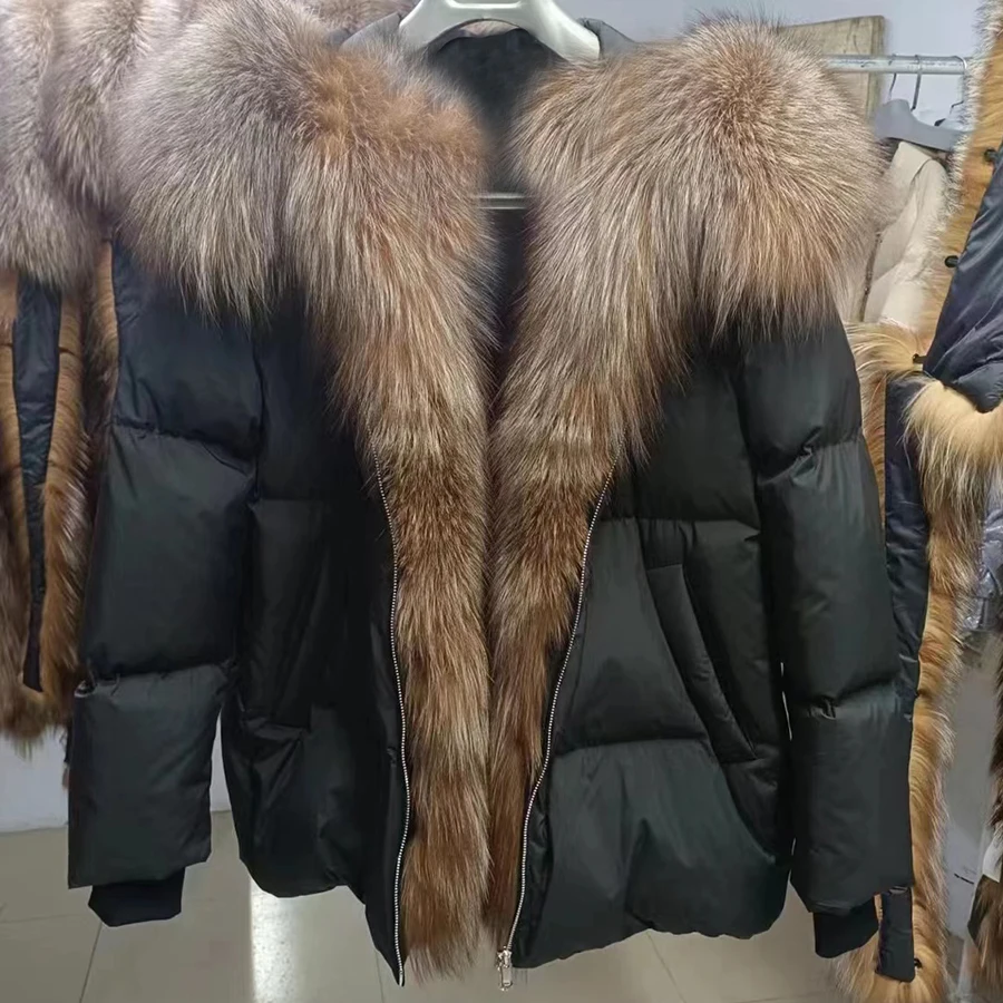 Chaqueta de plumas de ganso para mujer, abrigo corto cálido con cuello de piel de zorro Real, invierno, 2024