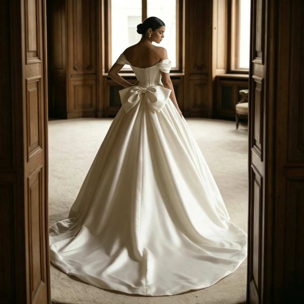 Customized Simple Satin Ivory A-Line Strapless Off Shoulder Wedding Dress Sweep Train Bridal Gown with Bow Back Pearl Details