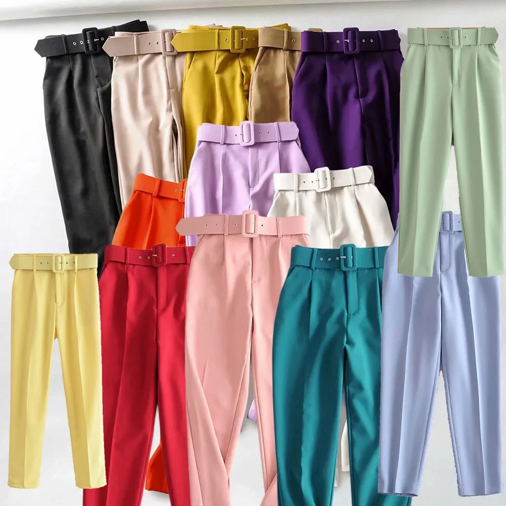 Tangada black suit pants woman high waist pants sashes pockets office ladies pants fashion middle aged pink yellow pants 6A22