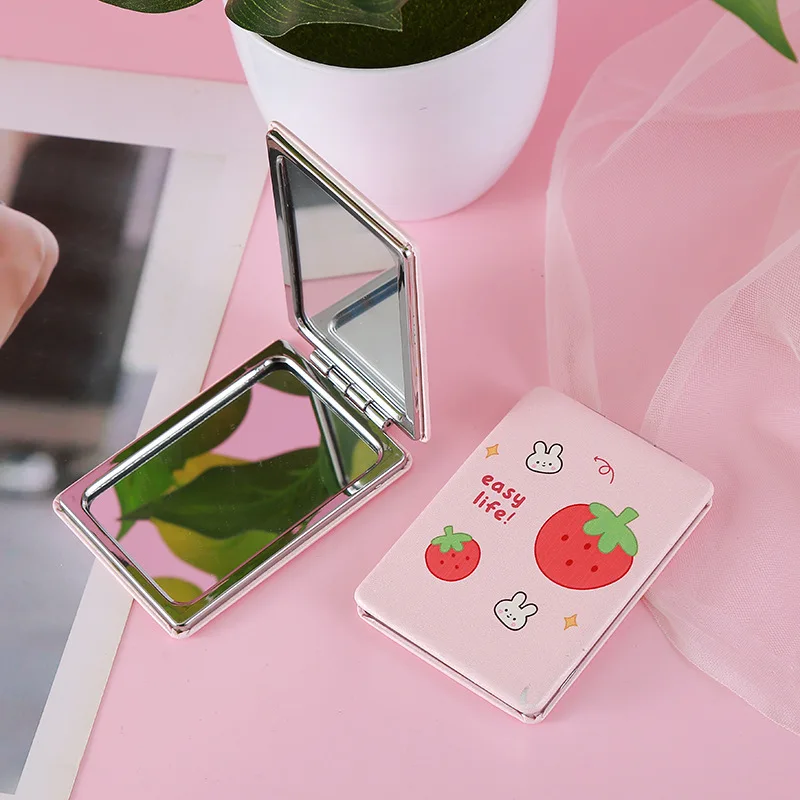 Rectangular Foldable Double-Sided Makeup Mirror Fruit Design Portable Handheld for Students Touch-up Compact PU Vanity Mirror
