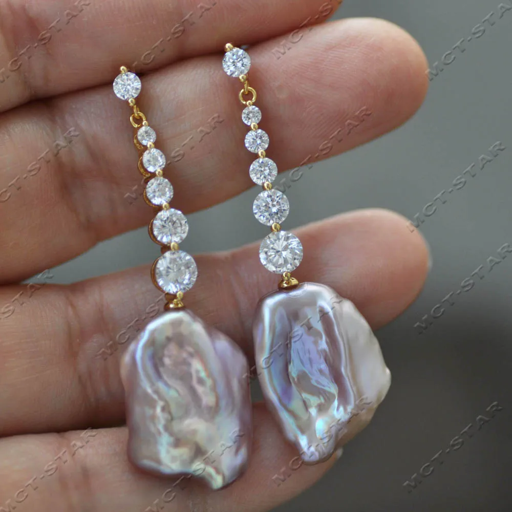 

Z14552 2" 22mm Lavender Baroque Lamina Keshi Pearl Tower CZ Dangle Earring