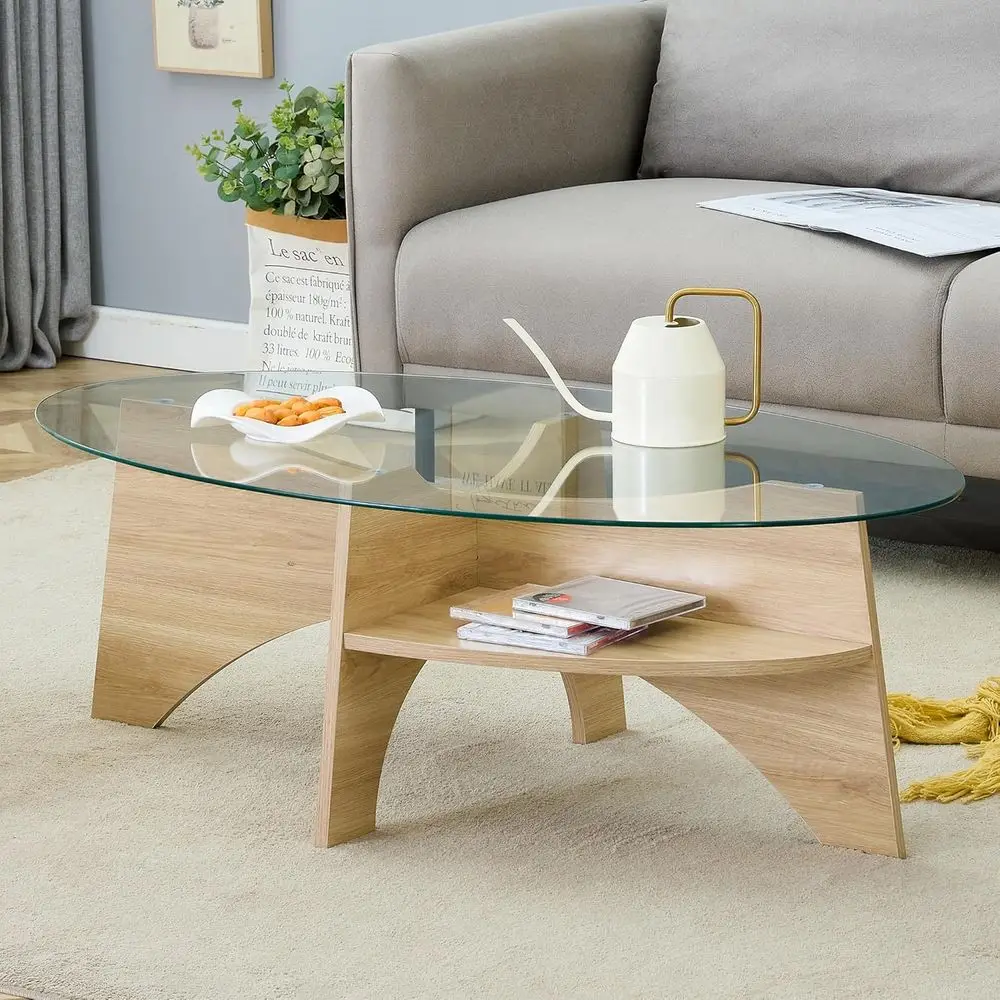 

41 Modern Oval Coffee Table with Tempered Glass Top and Metal Base, Sleek Diagonal-Shaped Legs for Living Room or Office