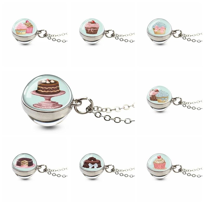 New Fashion Cake Double Sided Glass Ball Cabochon Pendant Cupcake Necklace Jewelry Friendship Couple Gift