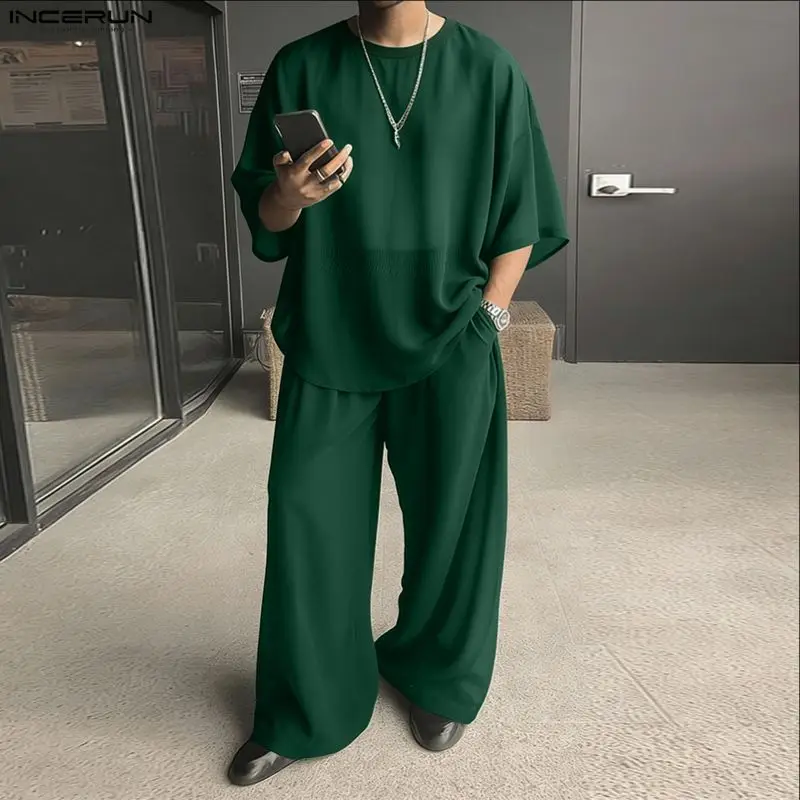 INCERUN Men Sets Solid Color O-neck Short Sleeve T Shirt & Pants Two Pieces Sets Streetwear Loose 2026 Fashion Men Casual Suits