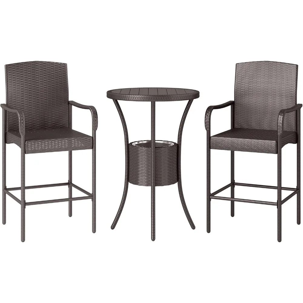 3 Pieces Rattan Wicker Bar Set with Ice Buckets, Patio Furniture with 1 Bar Table and 2 Bar Stools for Poolside, Backyard,