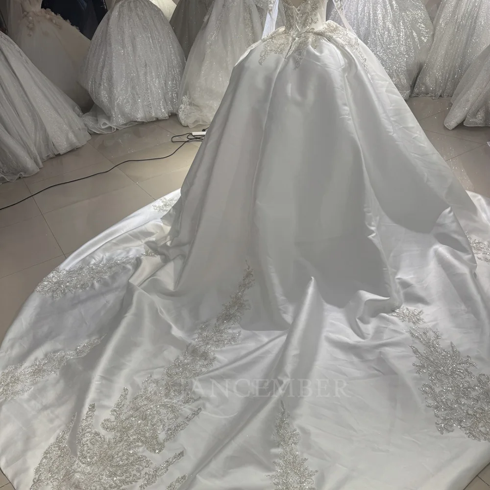 New Arrivals V Neck Lace Up Back Customized Beads Pearls Ball Gown Bridal Wedding Dress Illusion Long Sleeves Vestido De Novia