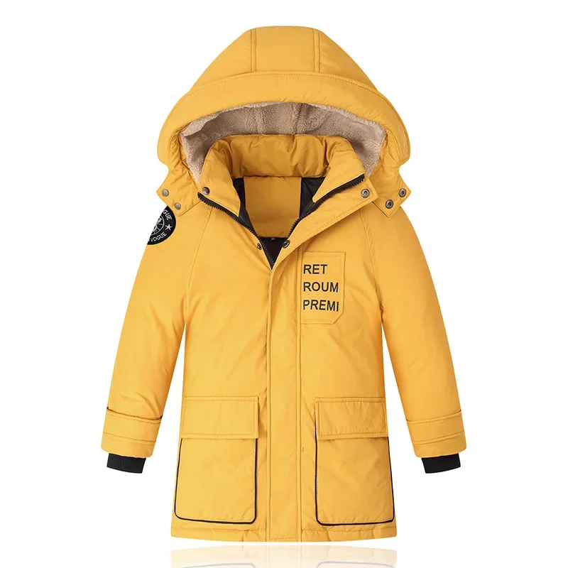 Boys Kids Long Loose Thick White Duck Down Jacket Black,Blue,Yellow Baby Coat, Teenagers Hooded Padded Jacket Clothes Winter