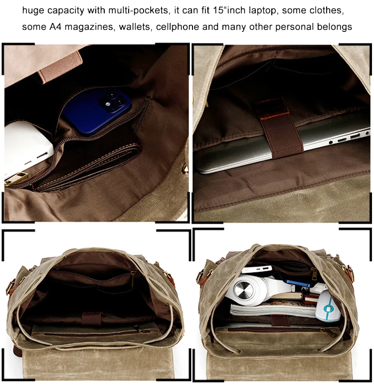 High Quality Waterproof Waxed Canvas + Genuine Leather Backpack Men Hiking Bagpack Large Canvas Travel Backpack male Daypack image 5