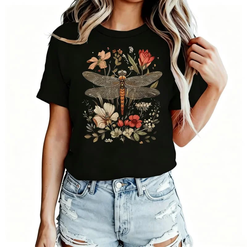 Dragonfly Floral Print Women's T-Shirt 100% Cotton Funny Graphic Short Sleeve Tee Novelty Shirt Casual Crew Neck Top S-5Xl