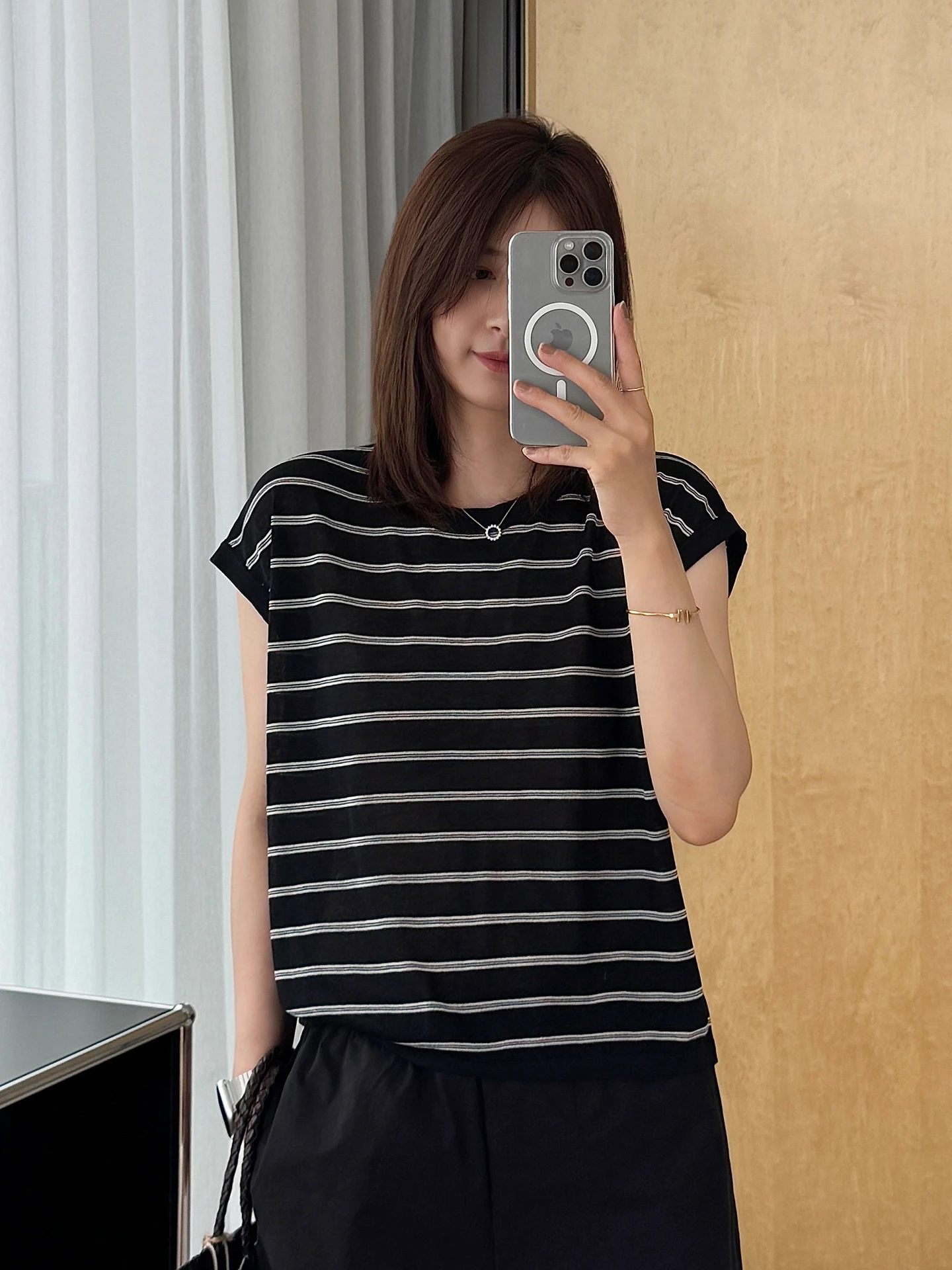 

Летняя футболка Slim Fit с круглым вырезом, полосатым дизайном и вставками, влагоотводящая, в корейском стиле, свободного кроя, с поясом-завязкой