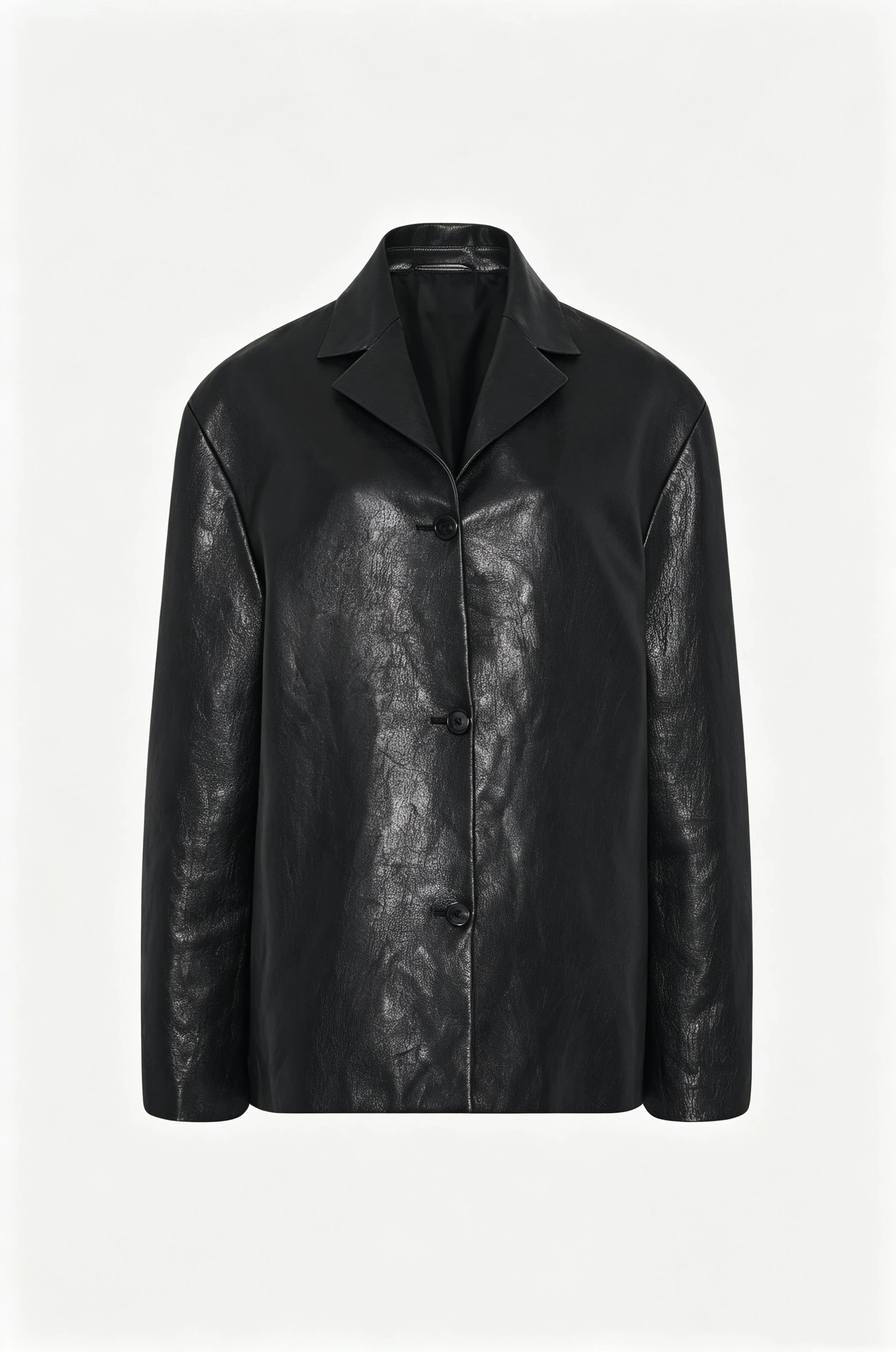 Minimalist Black Oversized Leather Coat with Wide Lapel and Single-Breasted Design