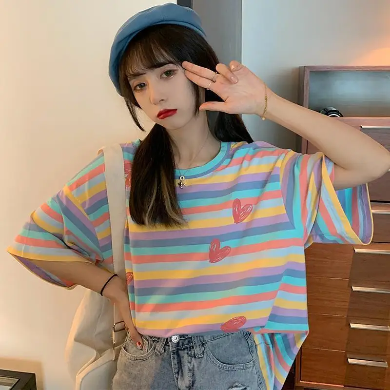 Women Summer Korean Fashion Loose Striped O-neck Short Sleeve T-Shirt Women Clothes Casual Sweet Preppy Style All-match Tops