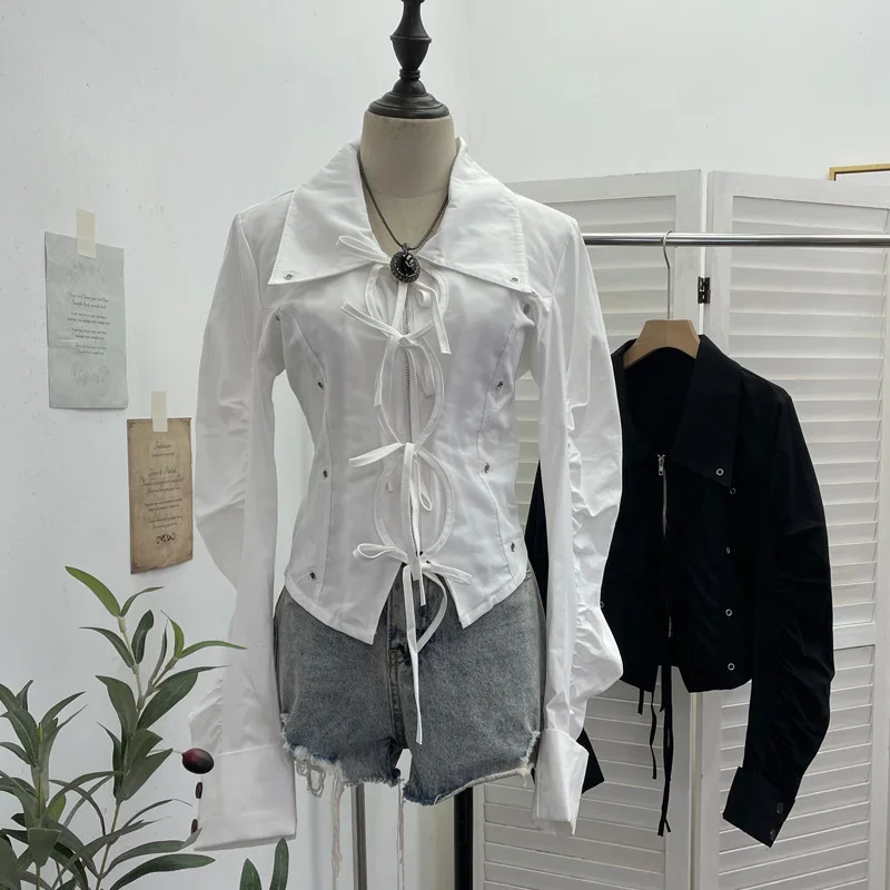 

Autumn New Pleated Hollow Lace-up Waist Long-sleeved Shirt Bow Lapel Top Women Shirt