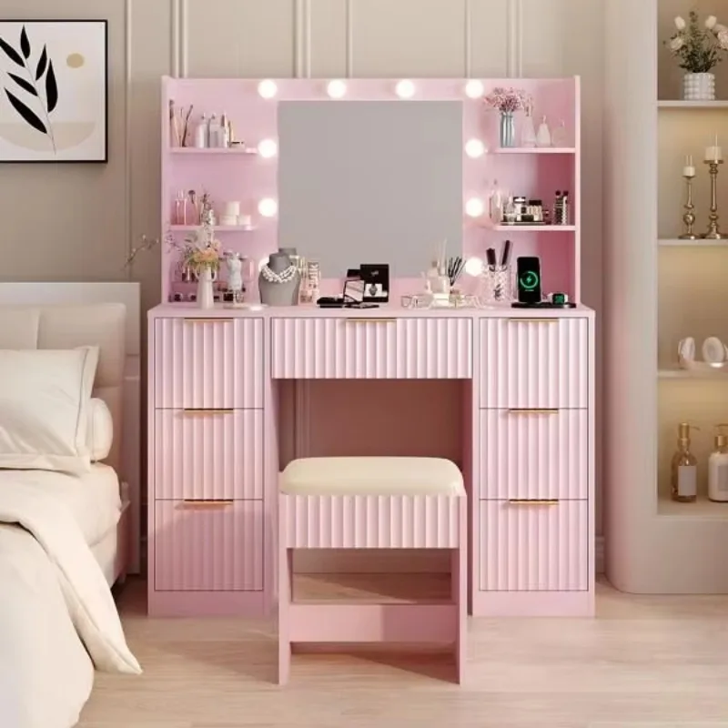 7 drawers 4 shelves Pink particle board dresser set with 10 tri-color light bulbs and power board grille, dresser