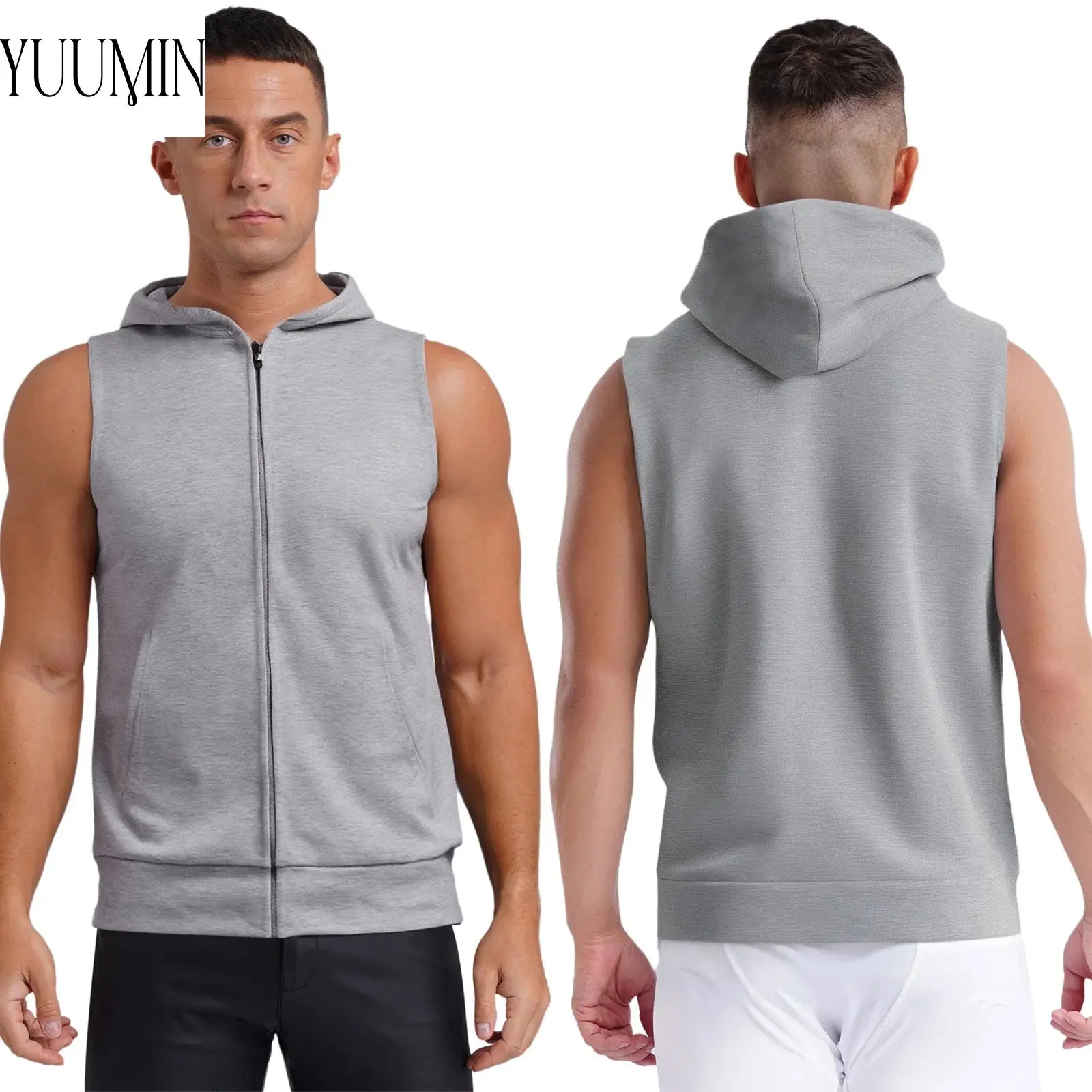 

Men Zipper Sports Stretchy Hooded Tank Top Sleeveless Athletic Hoodie with Pockets for Gym Fitness Workout Basketball Cycling