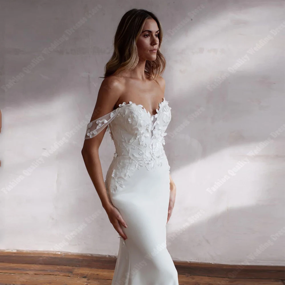 Simple Printing Mermaid Women Wedding Dresses Vintage Off The Shoulder Sleeveless Bridal Gowns Shiny Design Vestidos De Novias