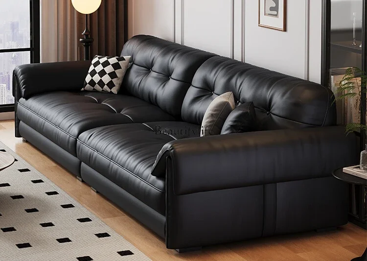 

Black leather sofa Italian minimalist first layer cowhide straight row retro home