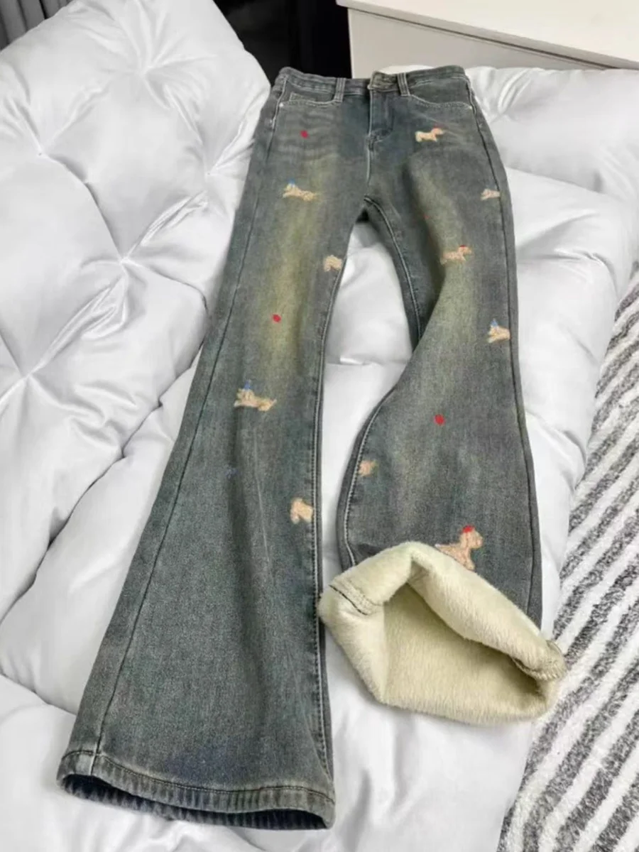 

plus Size Fleece Lined Thickened Micro Flared Denim Jeans Women's Autumn Winter High Waist Slimming Elastic Straight Leg Wide...