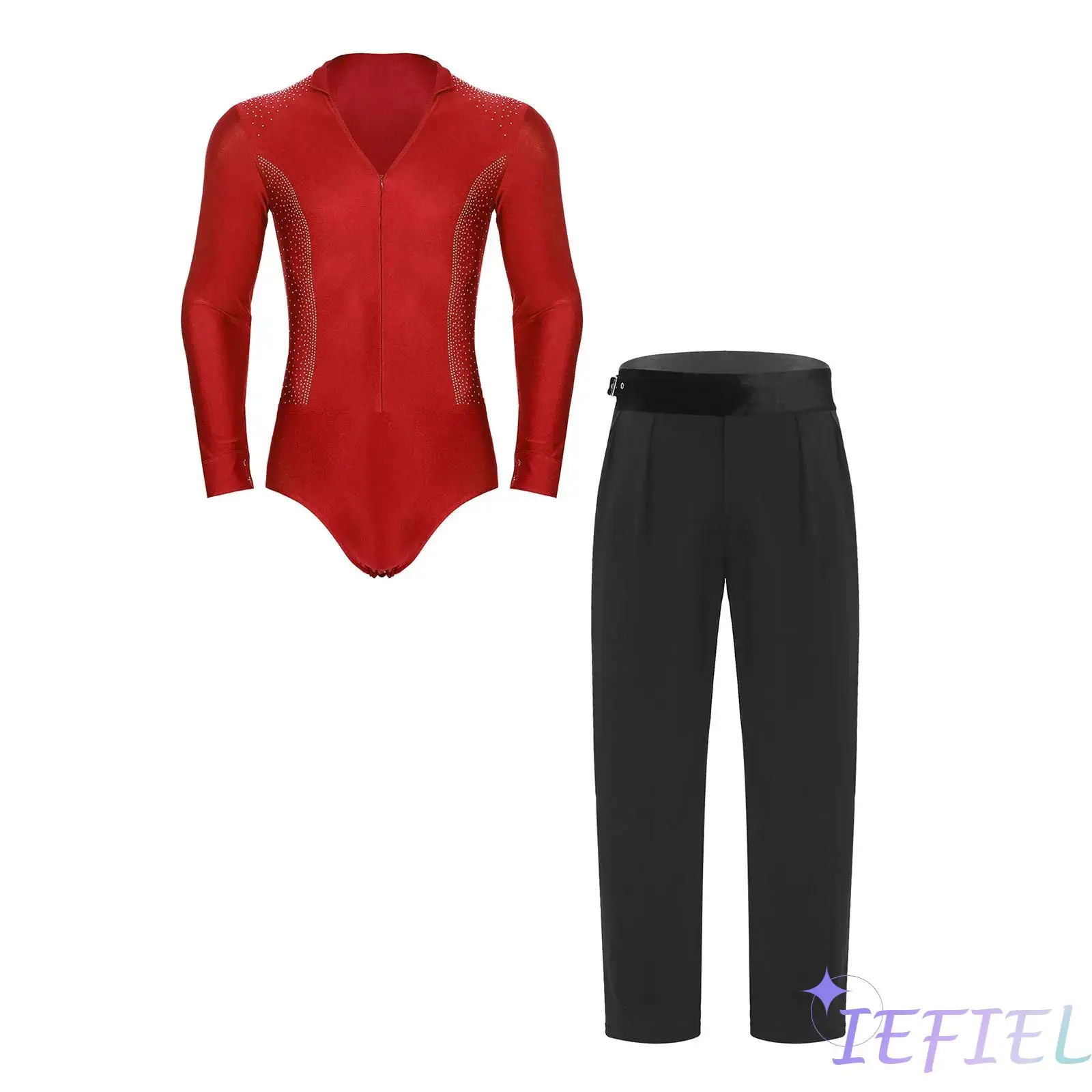 

Mens 2 Pieces Chacha Latin Gymnastics Dance Outfits V Neck Long Sleeve Rhinestone Bodysuit And Long Pants Ballet Salsa Dancewear