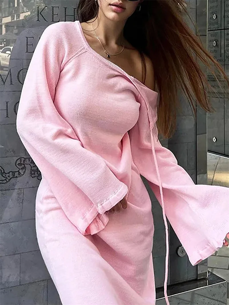 Herbst mode Rüschen rosa Strickkleid, Frauen Volant Langarm sexy rücken freie Schnürung langes Party kleid, weibliche Strand Vertuschungen