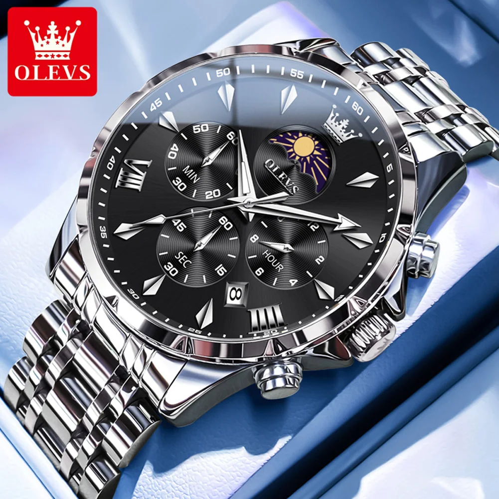 OLEVS 3653 Herrenuhr Quarzuhr Multifunktionale Chronographenuhr Für Männer 30 Mt Wasserdicht Leuchtende Mondphase Box Original 8