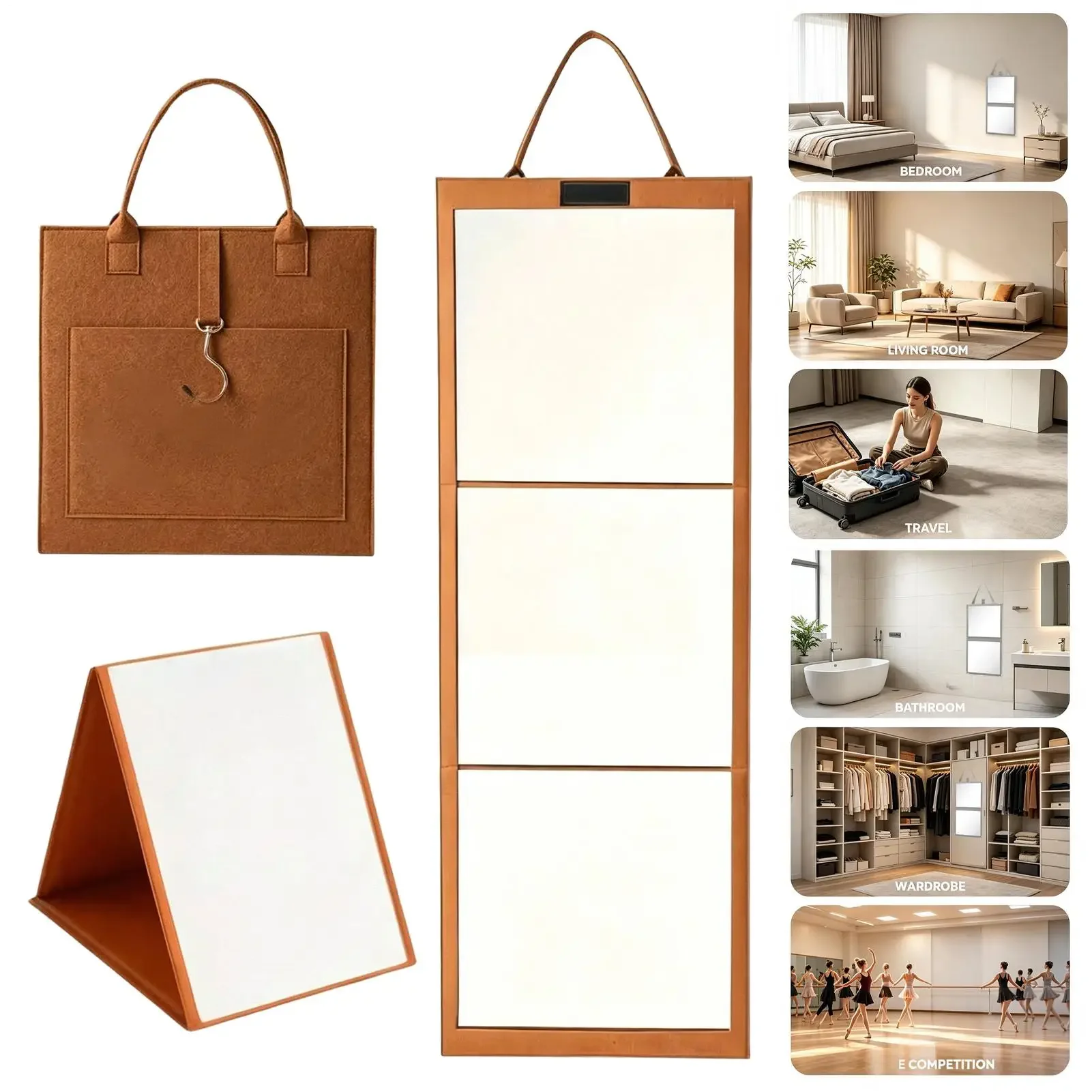 Portable Full Length Mirror Large Portable Tri-Fold with Handle Compact RV Camp Mirror for Business Trip Dressing Room