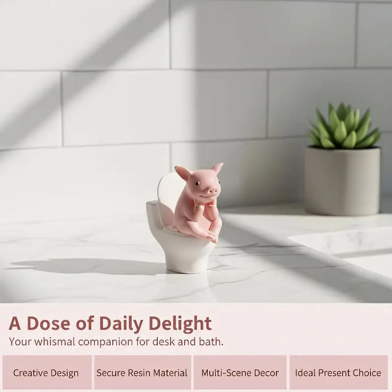 Creative Pig Sitting On Toilet PVC Statue No Drilling Required Wall Mount 1PC for Bathroom Tabletop Decor