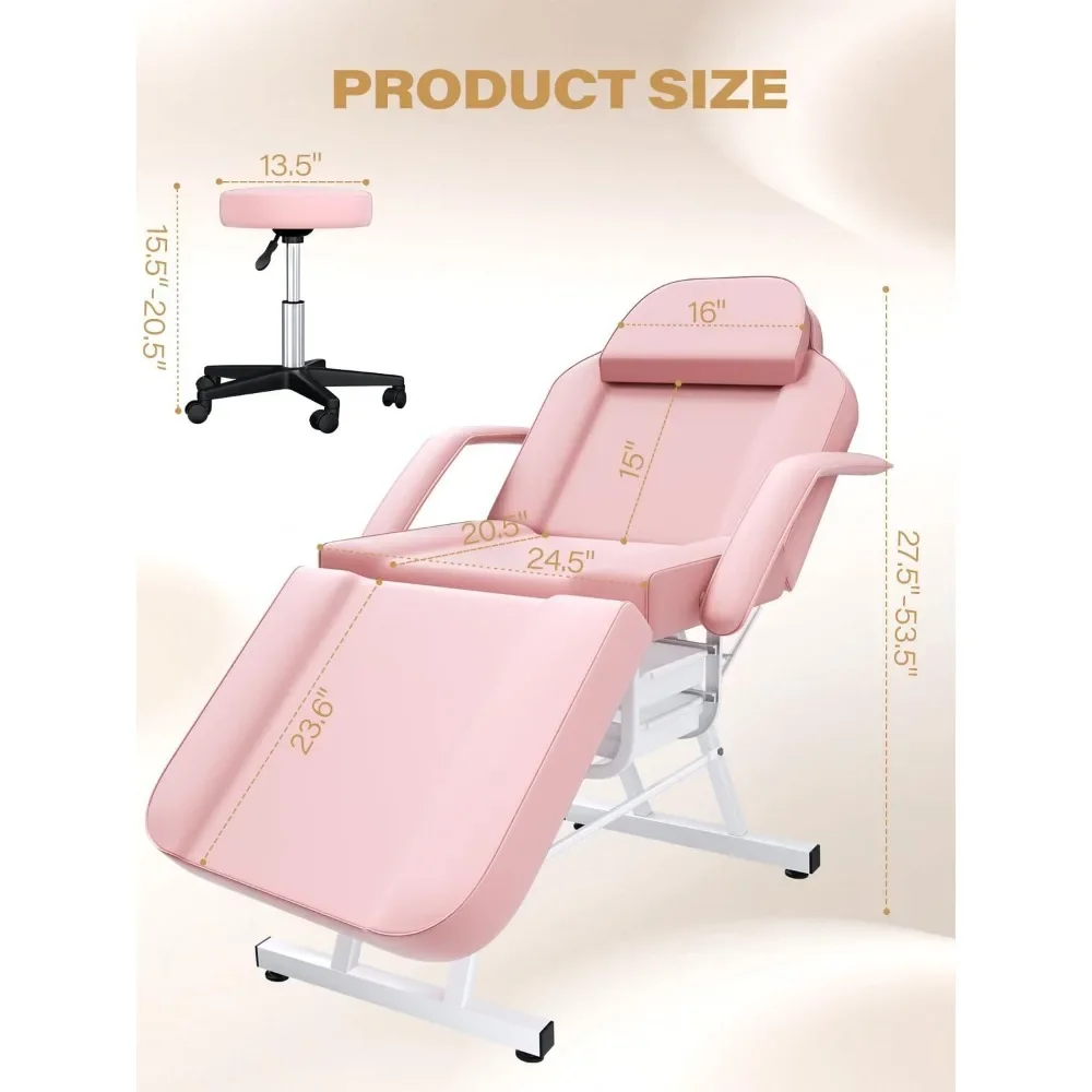 Cadeira de tatuagem facial ajustável para clientes, cama de esteticista com mesa de massagem, encosto de cabeça e 360 °   Banco giratório, serviço de cílios