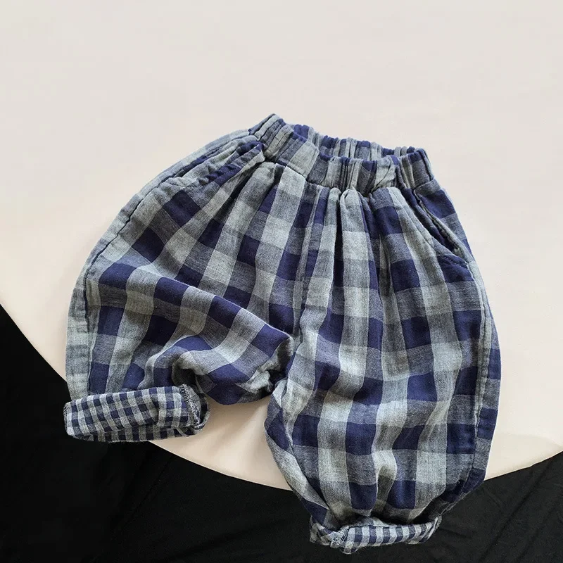 

Children's Retro Blue Plaid Trousers 2024 Spring Autumn New Korean Boys And Girls Double-Layer Cotton Casual Harem Pants WTP121