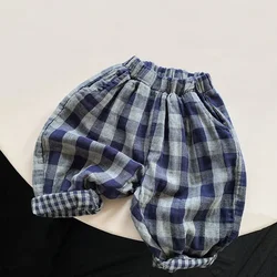 Pantalones Retro a cuadros azules para niños y niñas, pantalón Harem informal de algodón de doble capa, coreano, primavera y otoño, WTP121, 2024