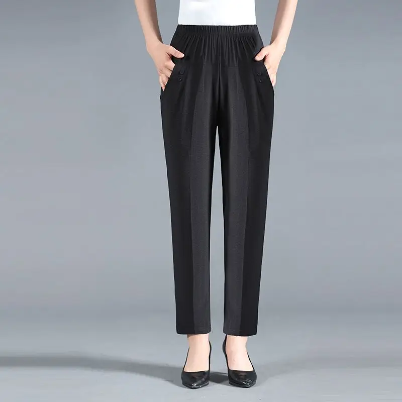 Summer Office Lady Fashion Casual Pockets Plaid Cropped Pants Women's Clothing Simplicity Elastic High Waist Straight Trousers