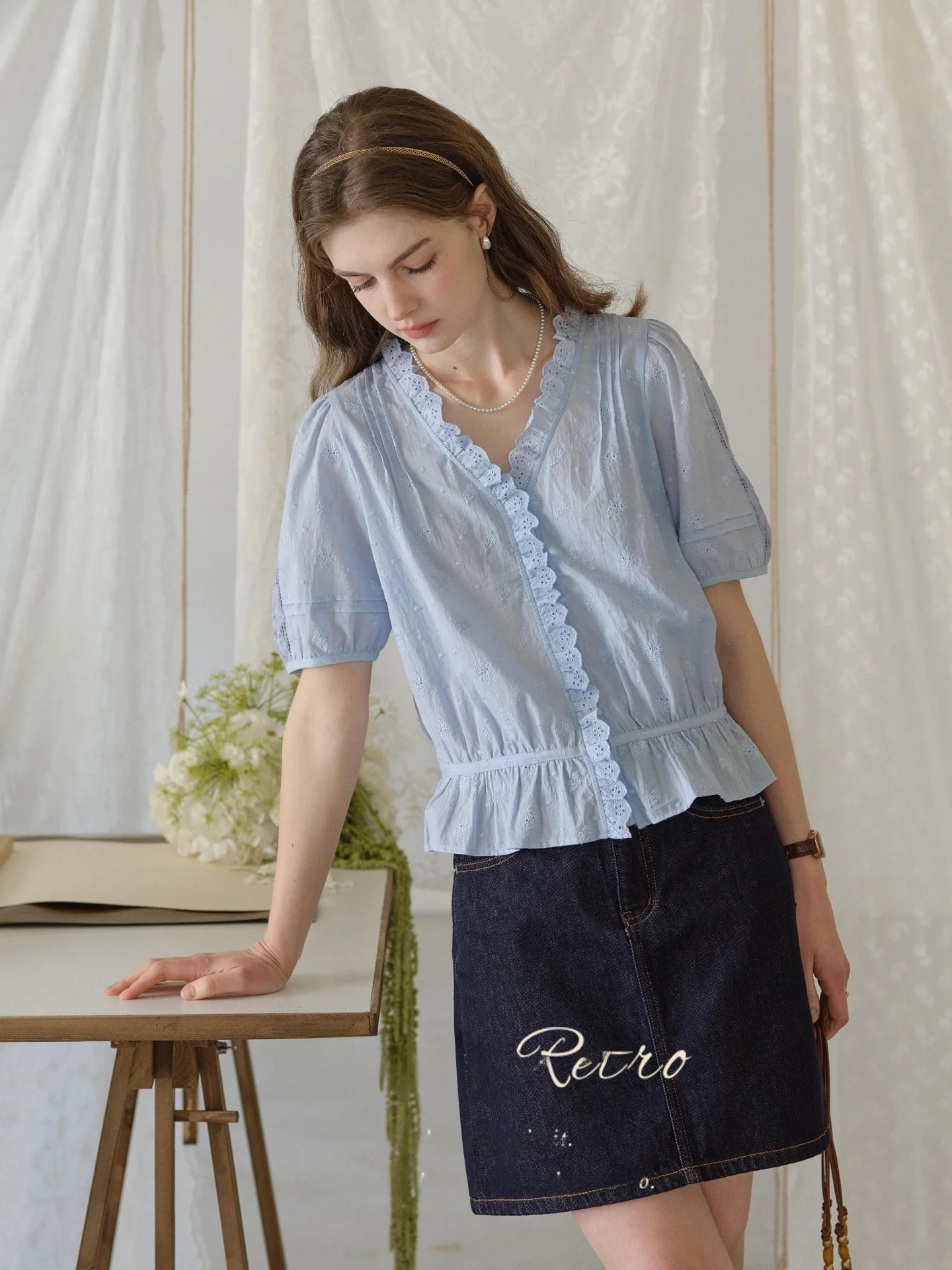 

SimpleRetro French Style Embroidered Cotton Short Sleeve Shirt Women's Short Waist-Cinching Top V-Neck Open Cardigan