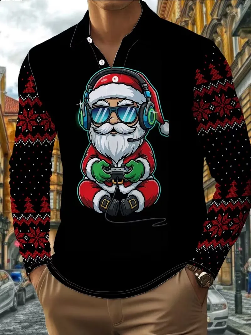 2026 Christmas New Men's Casual Long Sleeve POIO, Collar with Button Fashion Christmas Pattern Printed POIO Shirt