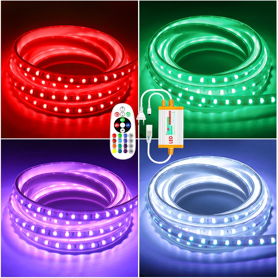 

Водонепроницаемые светодиодные ленты RGB 220 В, гибкая лента с регулируемой яркостью, RGB лента, лампа с дистанционным управлением для украшения комнаты и сада