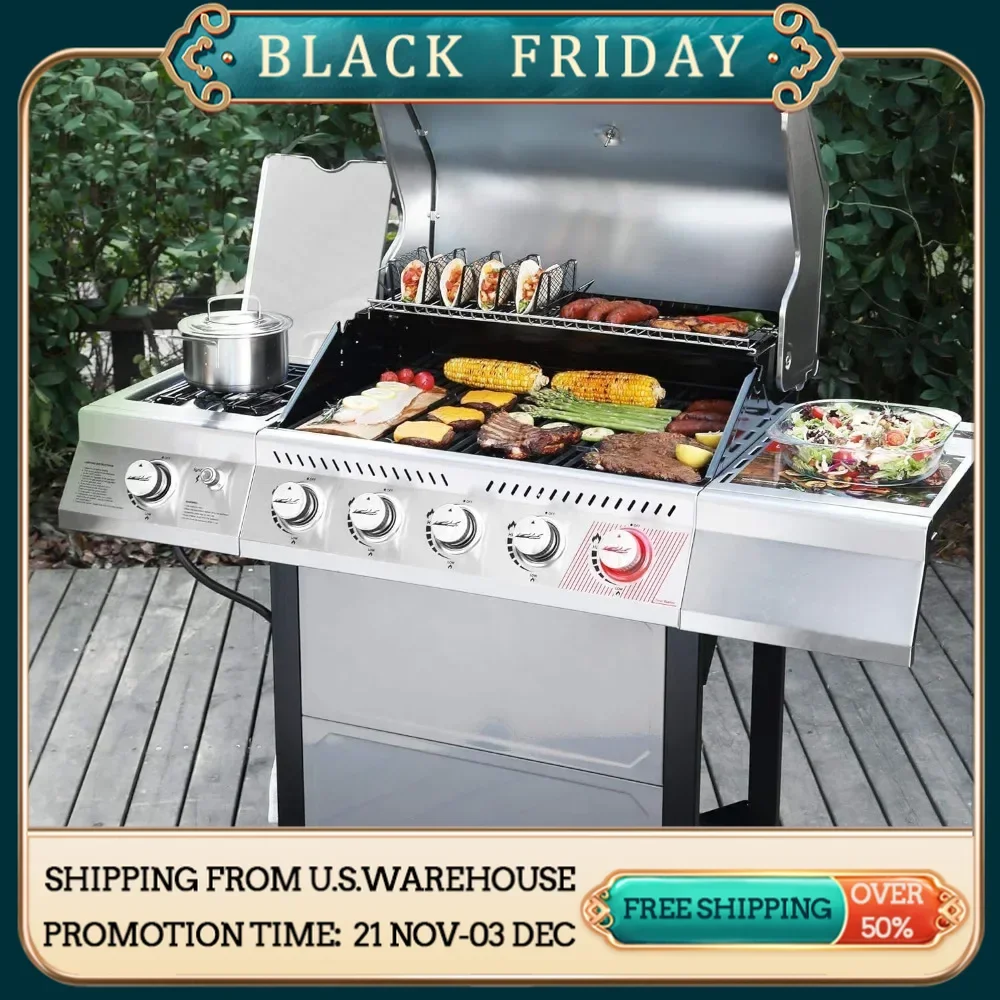 5-Burner BBQ Propane Grill, Stainless Steel Barbecue Gas Grill for Outdoor Patio Garden Picnic Backyard Cooking, 64,000 BTU