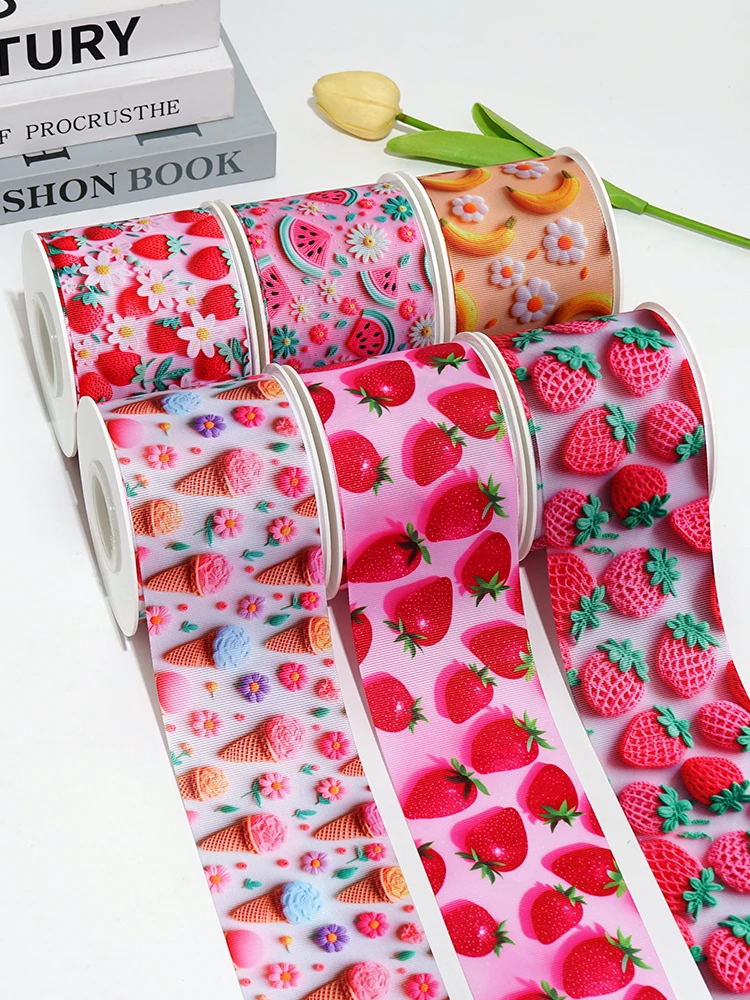 5 Yards 3inch 75mm Fruit Printed Ribbon For Hair Bows DIY Crafts Handmade Accessories 91486