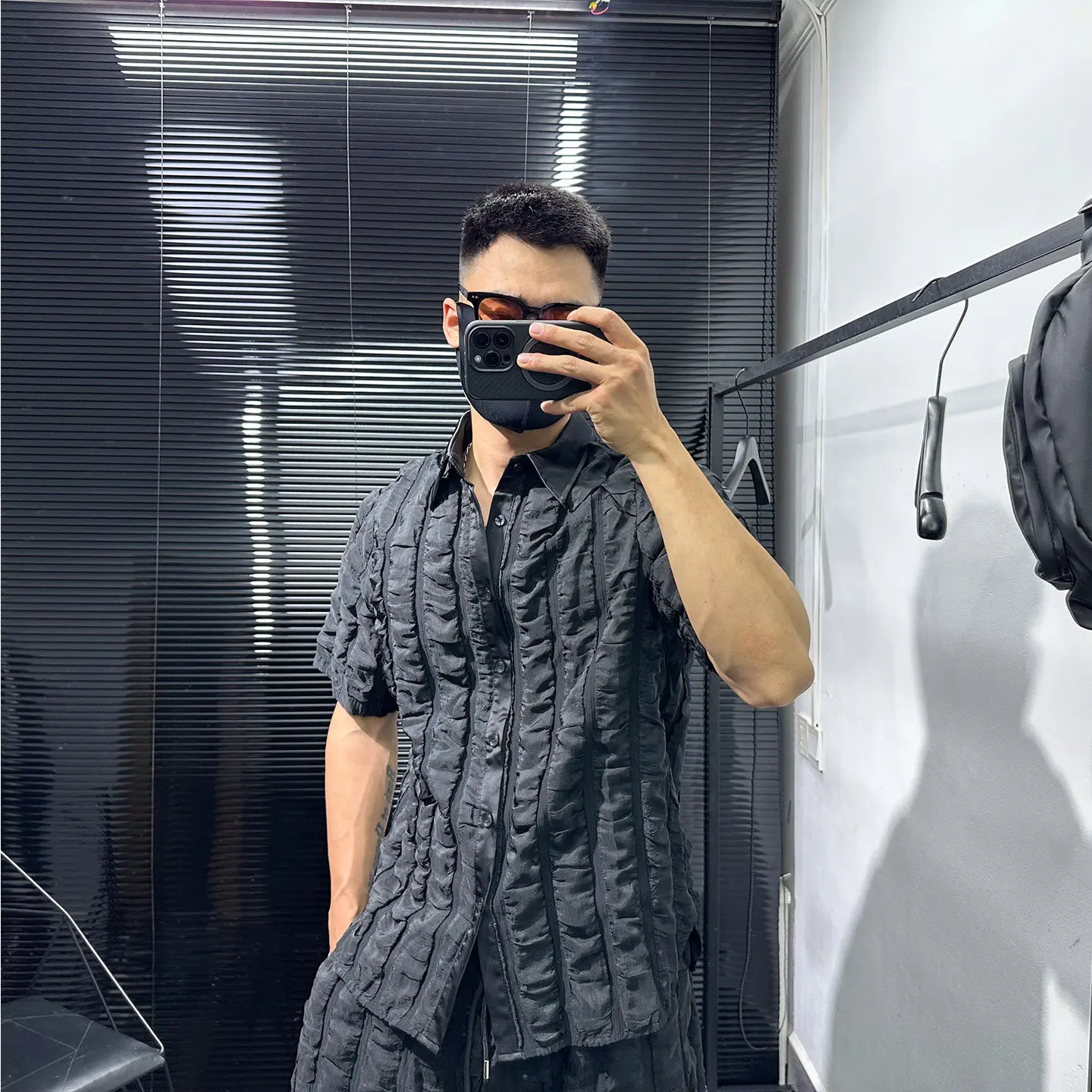Dark Style High-Grade Pleated Design Short-Sleeved Shirt Men's Summer Loose Leisure All-Matching Coat