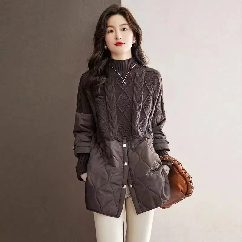 Sweater Stitching Cotton-Padded Jacket Women 2024New Winter Thick Loose Warm Casual Parkas Women Jacket Overcoat Female Pullover