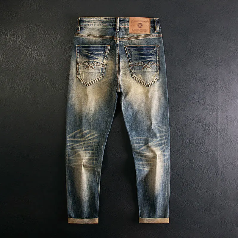 Italian Style Fashion Men Jeans High Quality Retro Washed Blue Stretch Slim Fit Ripped Jeans Men Vintage Designer Denim Pants