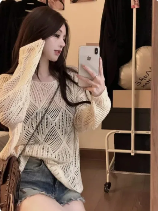 

Женский тонкий вязаный свитер с вырезами, весна-лето, новый винтажный свободный дизайн, верхняя одежда, корейский топ, длинный све