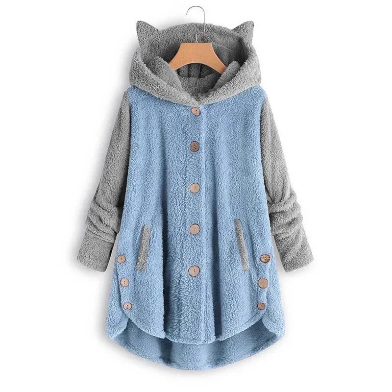 Cat Print Long Hoodies Sweatshirt Women Fleece Warm Button Pocket Pullovers Cat Ear Plus Size Hoodie Top Blouse Sweat Femme