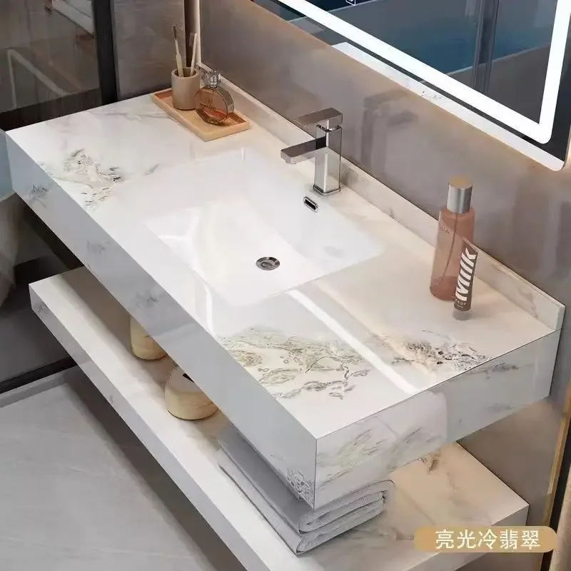 

Bathroom Cabinet Vanity Double-layered Slab Rock with Ceramic Washbasin Closed Storage Toilet Wall Pharmacy Toilet Furniture