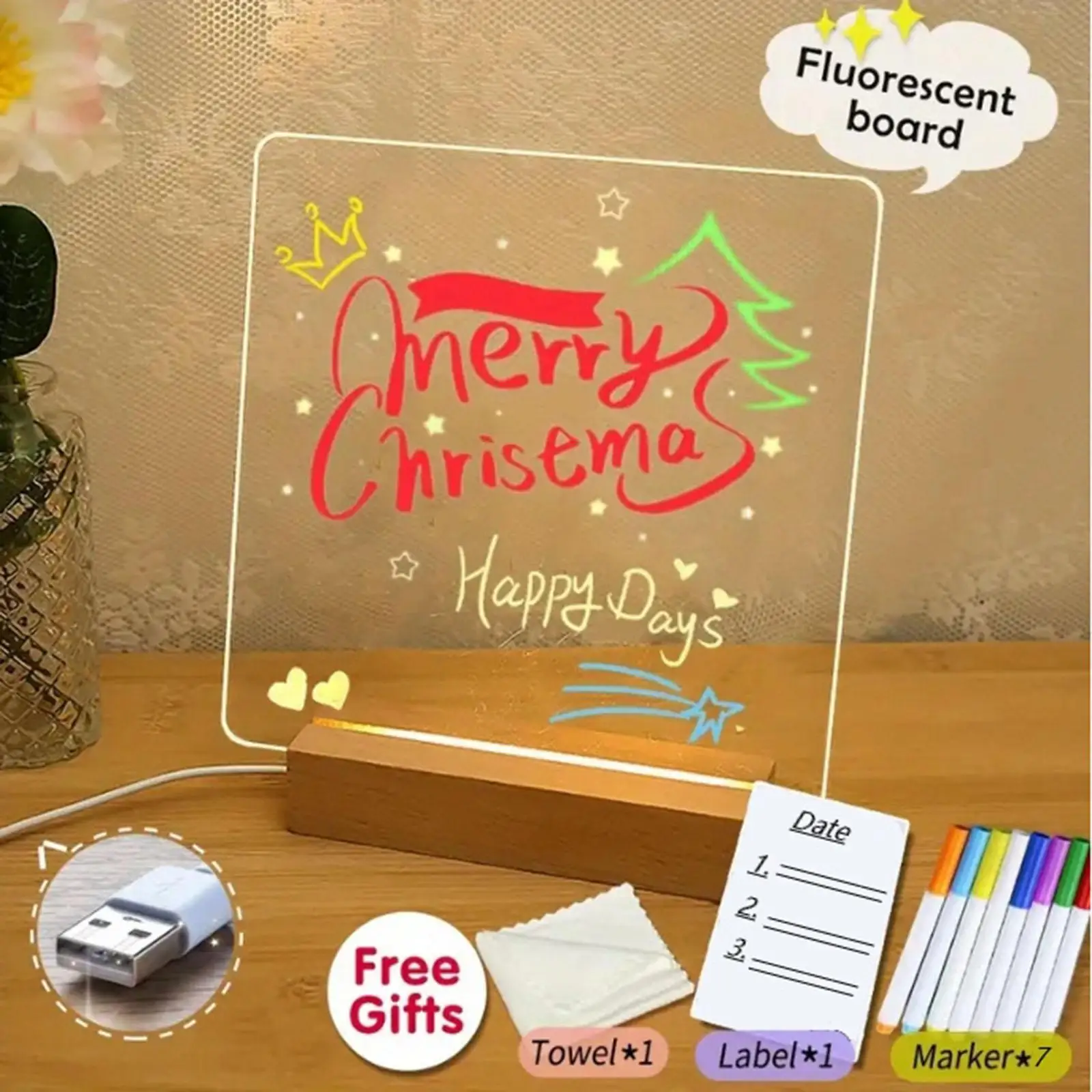 لوح مسح للتجفيف من الأكريليك، مجموعة زينة للمكتب، هدية عيد ميلاد، لوح بخط اليد LED لخزانة التلفزيون وغرفة الدراسة في المزرعة