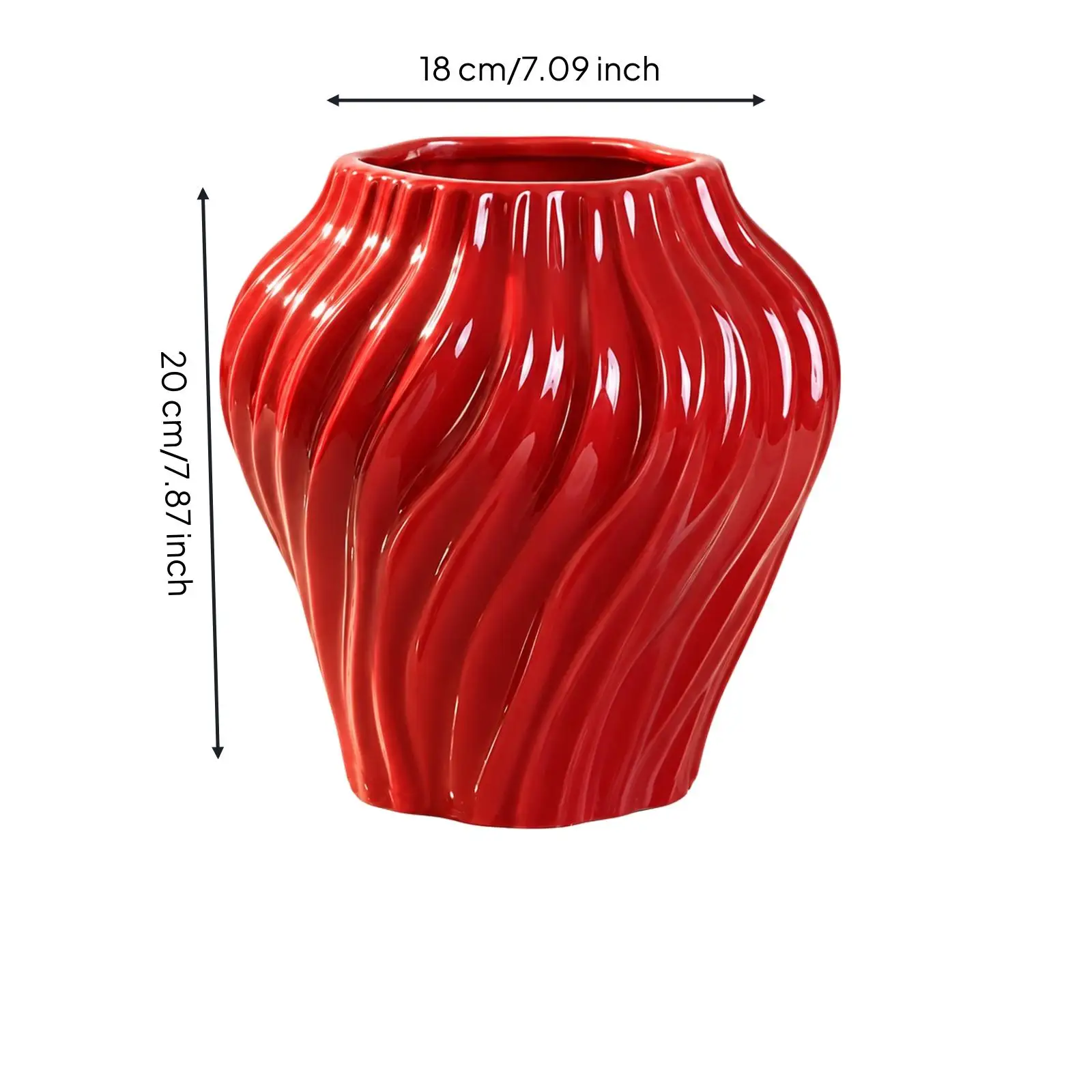 Red Ceramic Vase with Wave-Pattern Ridges Glossy Ribbed Ceramic Vase for Dining Tables, Living Rooms