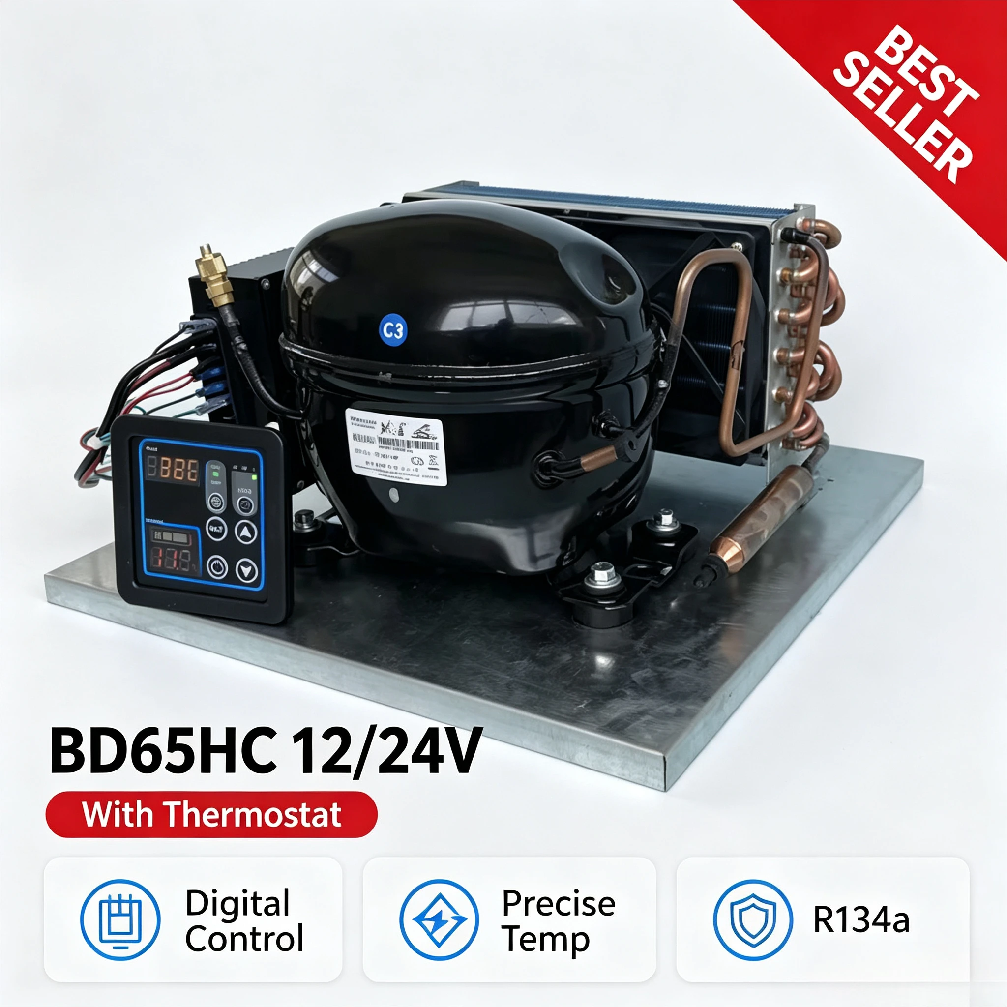 BD65HC DC Condensing Unit 12V 24V R134a Refrigeration Compressor Optional Thermostat for RV Truck DIY Fridge Freezer