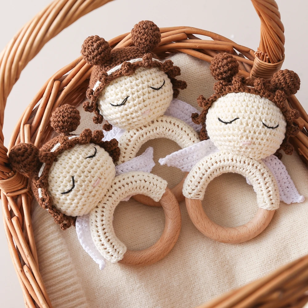 1PC Crochet Animal Bear Rattle Toys Soother Music Hand Bell Wooden Teether Ring Baby Rattle Mobile Pram Angel Crib Wooden Toys