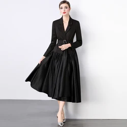 Elegant Spliced Belt Blazer Dresses For Women Notched Collar Long Sleeve High Waist Pleated Vintage Black Dress Female Autumn