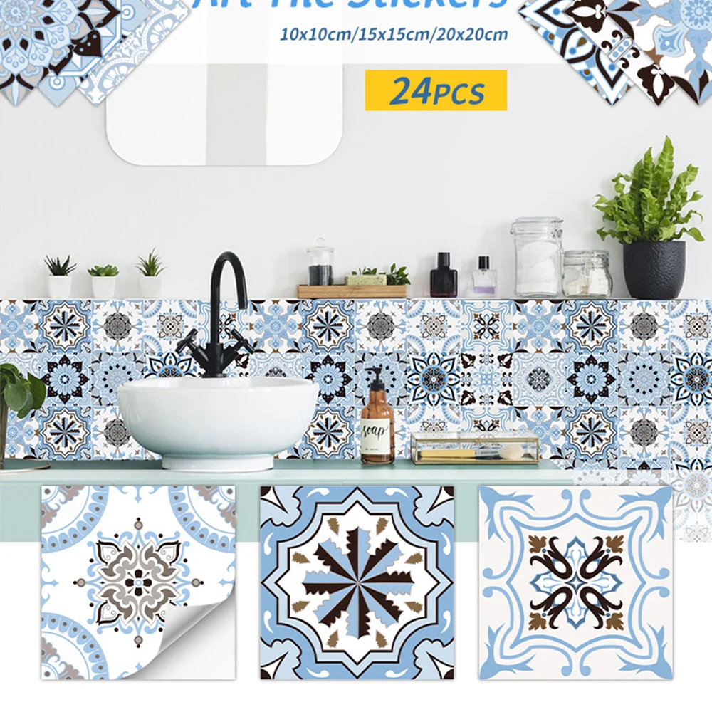 24pcs/Set 10cm Matte Waterpoof Tile Wall Sticker Peel Stick Wallpaper Kitchen Bathroom Wardrobe Floor PVC Art Mural