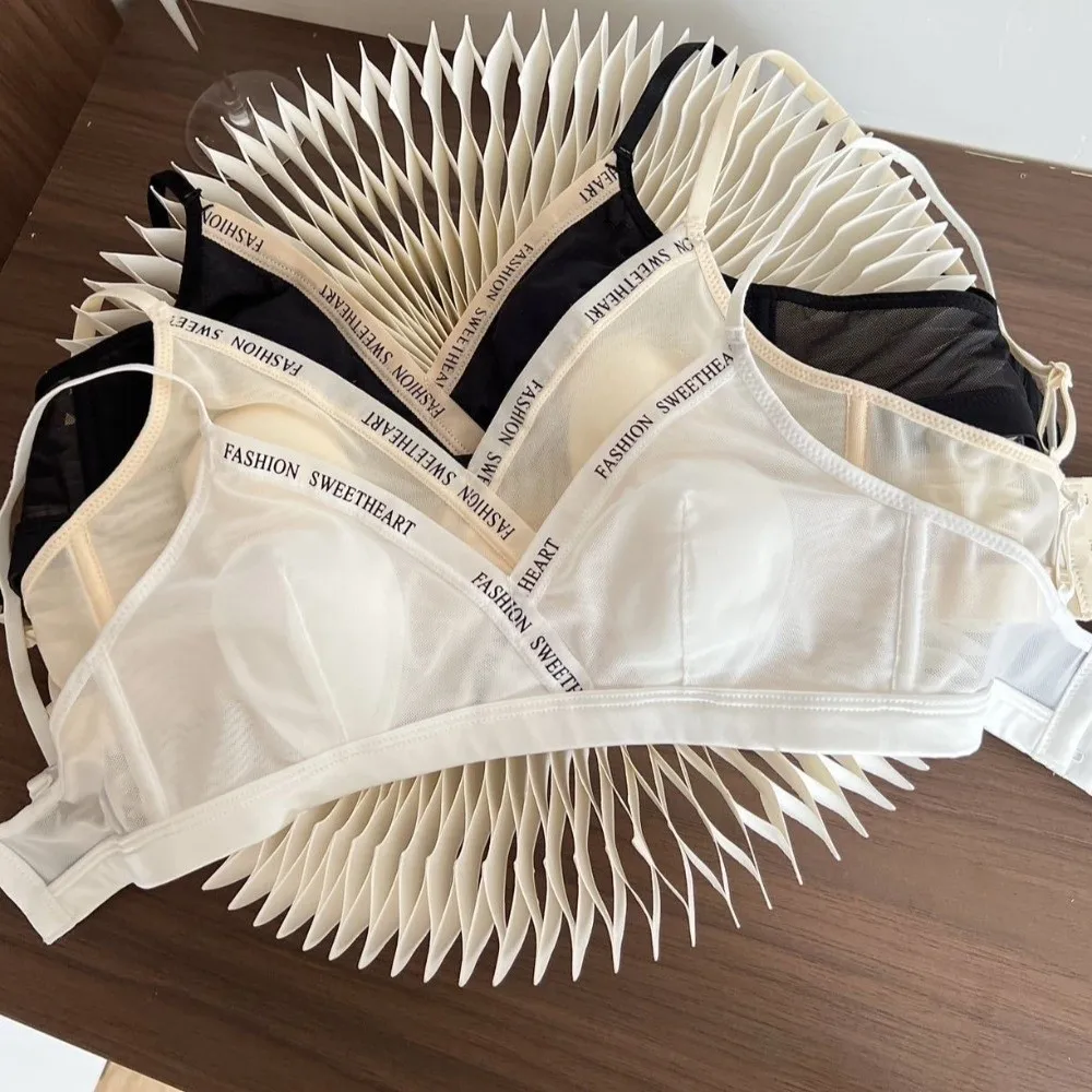 Sujetador de malla fino sin aros con escote en V profundo, sujetador ajustado a prueba de golpes para mujer, lencería antiflacidez, ropa interior push-up de verano