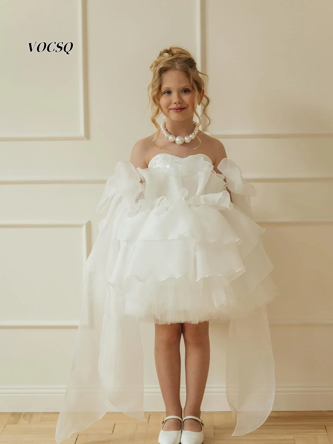 Flower Girl Dress White Off Shoulder Dress Puffy Short Gown with Bow for Wedding Birthday Party Stage Performance Customized